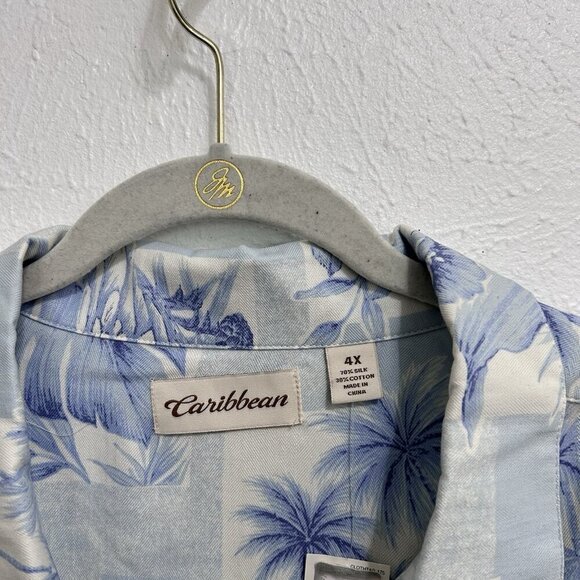 Caribbean Shirt Mens Sz 4XB Blue White Palm Leaves Silk Blend Hawaiian Button-Up - Picture 5 of 10